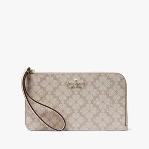 NWT Kate Spade Lucy Spade Flower Medium L-Zip Wristlet Dark Beige Cream KG487